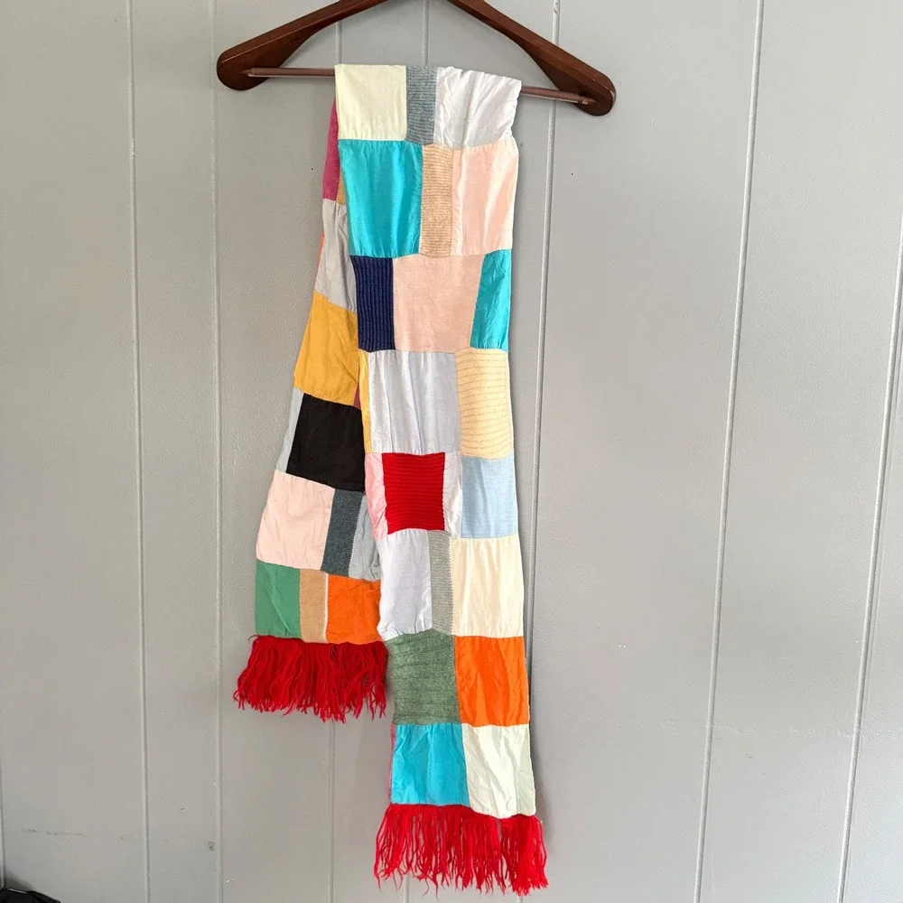 Handmade Patchwork Quilt Fringe Scarf Thriftcore Indie Folk Whimsical‎ Whimsy